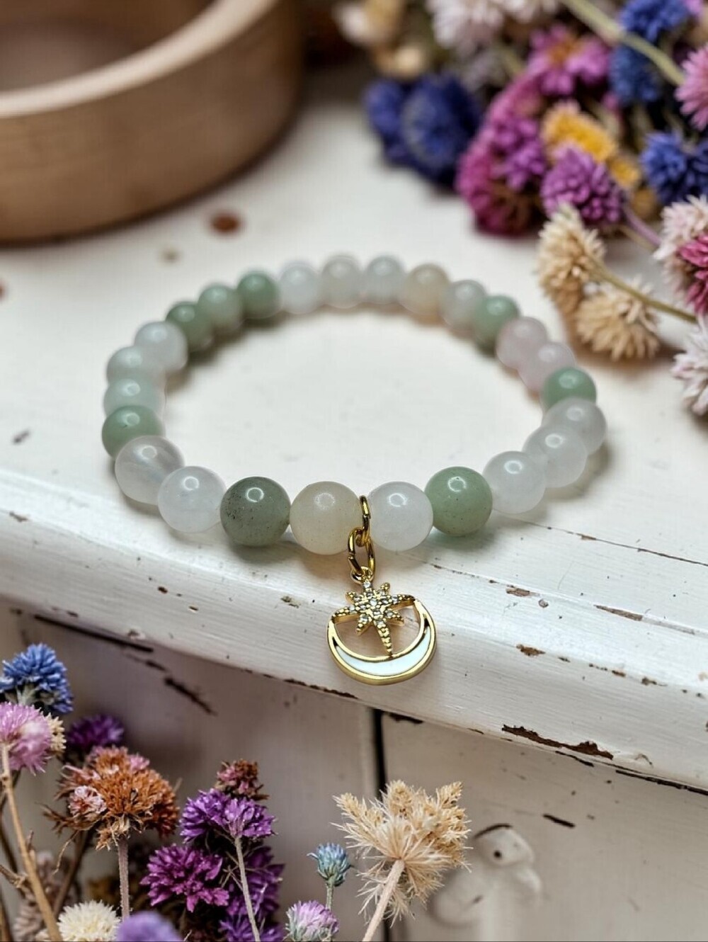 Gold Star & Crescent Charm Beaded Bracelet in Green, White and Blush/rose Quartz